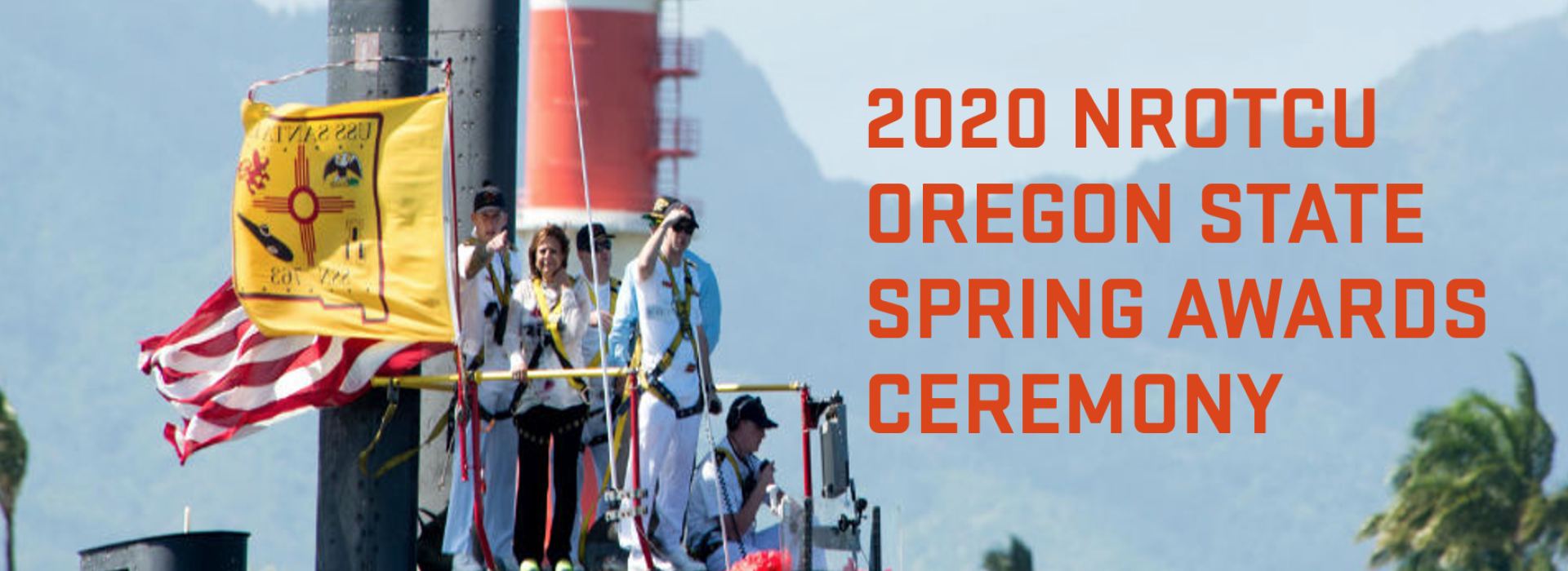 People waving from ship with Spring Awards Header